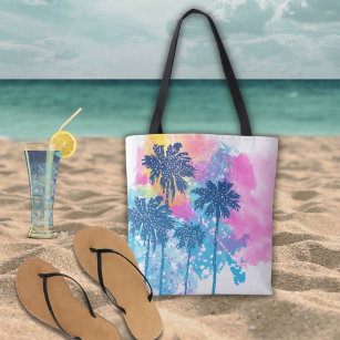 Pink Blue Watercolor  Hawaii Tropical Palms Tote Bag