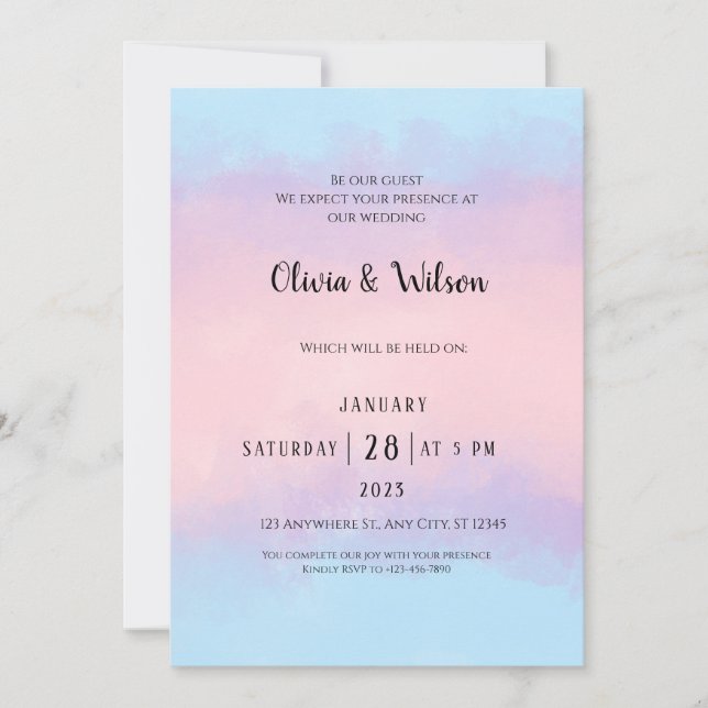 Pink Blue Watercolor Minimal Wedding Invitation (Front)