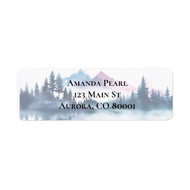 Pink & Blue Watercolor Mountains & Dark Pine Trees Label (Front)
