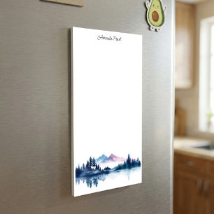 Pink & Blue Watercolor Mountains & Dark Pine Trees Magnetic Notepad