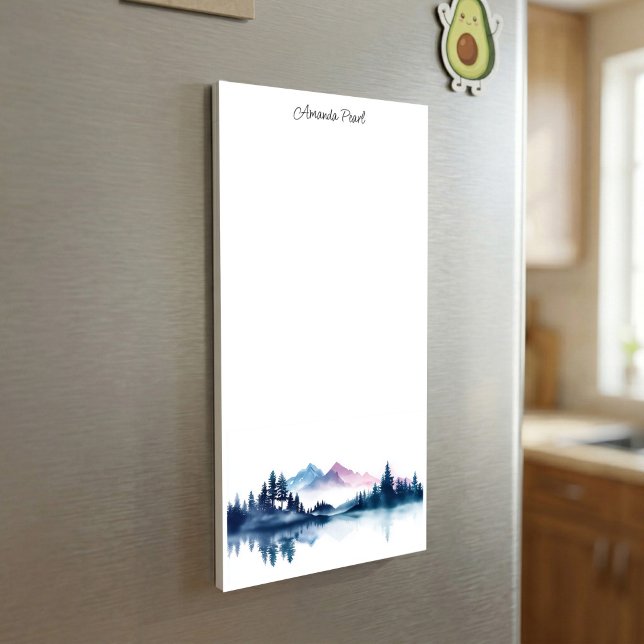 Pink & Blue Watercolor Mountains & Dark Pine Trees Magnetic Notepad (Creator Uploaded)