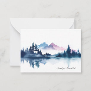 Pink & Blue Watercolor Mountains & Dark Pine Trees Note Card