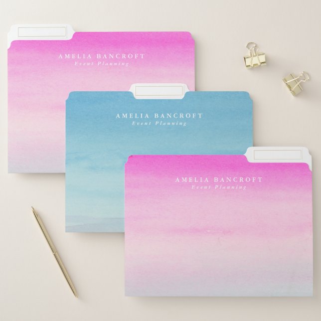 Pink Blue Watercolor Ombre Custom File Folder (Set)