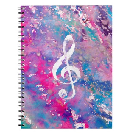Pink Blue Watercolor Paint Music Note Treble Clef Notebook