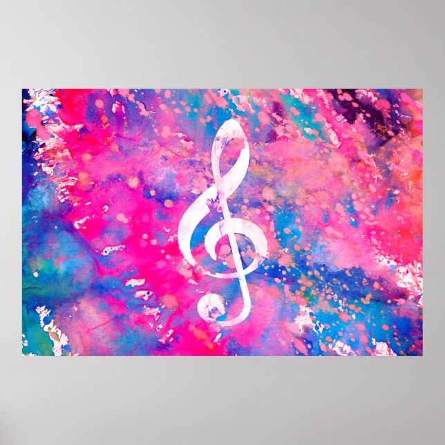 Pink Blue Watercolor Paint Music Note Treble Clef Poster (Front)