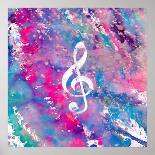 Pink Blue Watercolor Paint Music Note Treble Clef Poster