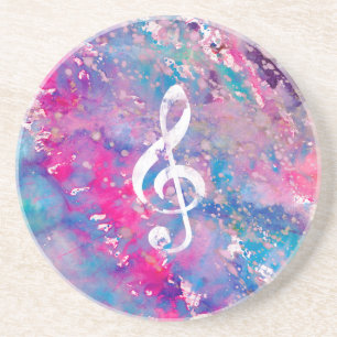 Pink Blue Watercolor Paint Music Note Treble Clef Sandstone Coaster