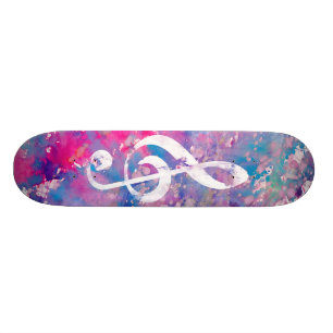 Pink Blue Watercolor Paint Music Note Treble Clef Skateboard Deck