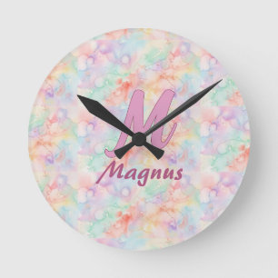 pink blue watercolor pastel monogram name letter c round clock