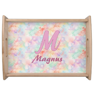 pink blue watercolor pastel monogram name letter c serving tray