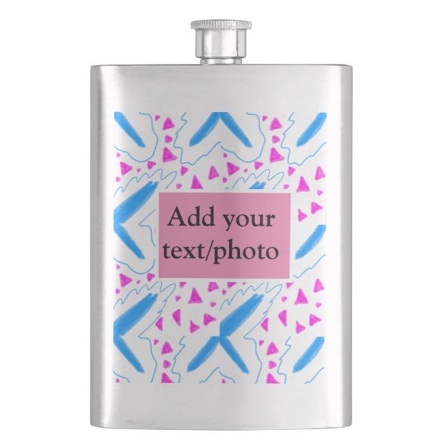 Pink blue watercolor pattern add name text custom flask (Front)