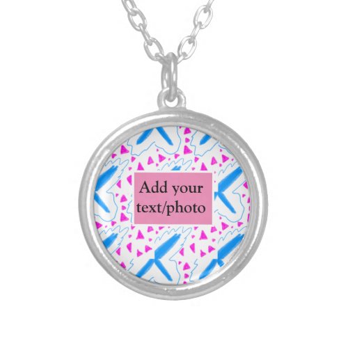 Pink blue watercolor pattern add name text custom silver plated necklace