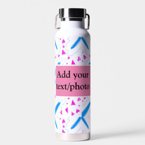 Pink blue watercolor pattern add name text custom water bottle