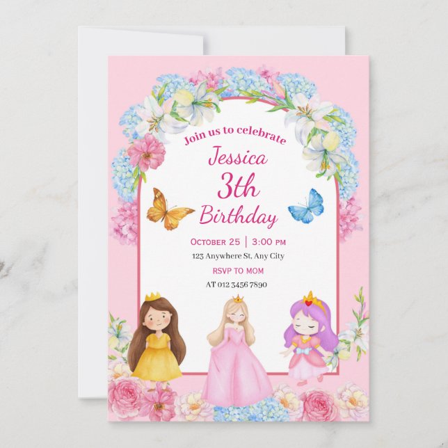 Pink Blue Watercolor Princess Girl Illustrated Invitation (Front)