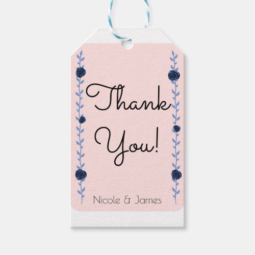 Pink Blue Watercolor Rose Vines Cottage Wedding Gift Tags