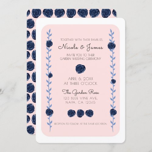 Pink Blue Watercolor Rose Vines Cottage Wedding Invitation