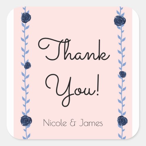 Pink Blue Watercolor Rose Vines Cottage Wedding Square Sticker