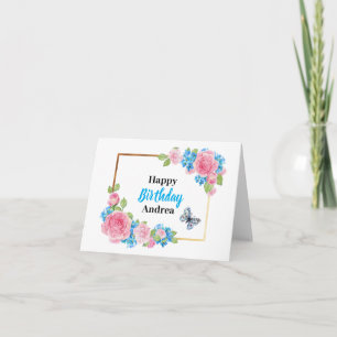 Pink Blue Watercolor Roses Flowers Birthday Card