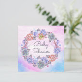 Pink Blue Watercolor Succulents Wreath Baby Shower Invitation (Standing Front)