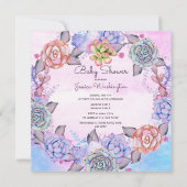 Pink Blue Watercolor Succulents Wreath Baby Shower Invitation (Back)