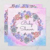 Pink Blue Watercolor Succulents Wreath Baby Shower Invitation (Front/Back)