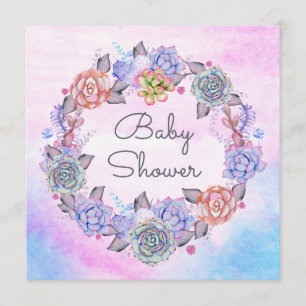 Pink Blue Watercolor Succulents Wreath Baby Shower Invitation