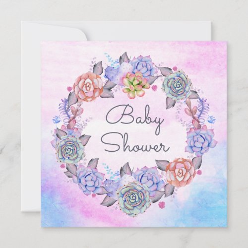 Pink Blue Watercolor Succulents Wreath Baby Shower Invitation