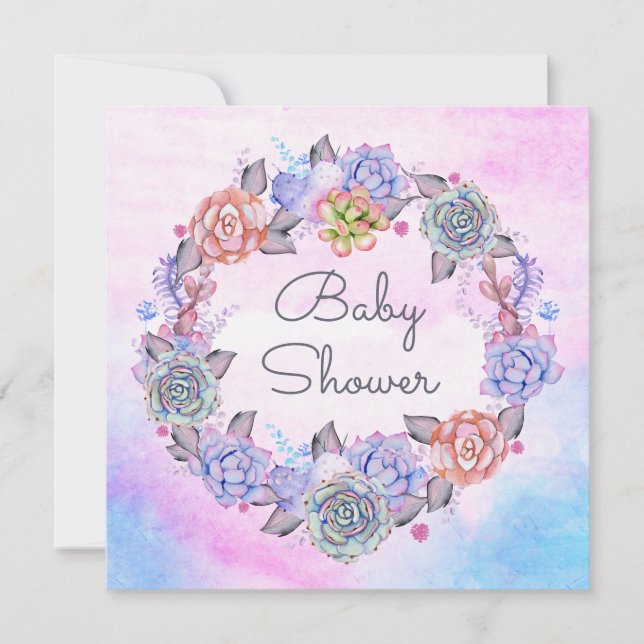 Pink Blue Watercolor Succulents Wreath Baby Shower Invitation (Front)