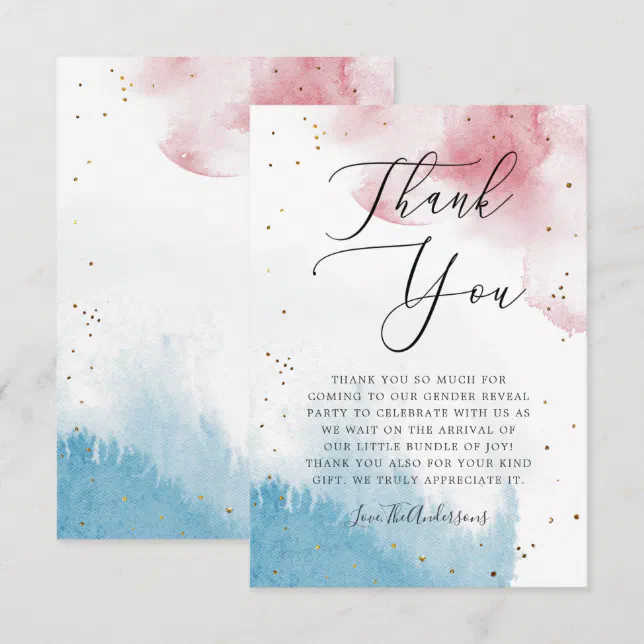 Pink Blue Watercolor Wash Gender Reveal Party Thank You Card | Zazzle
