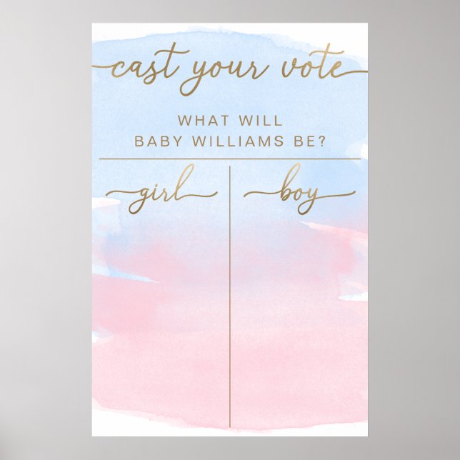 Pink Blue Watercolour Gender Reveal Voting Poster (Front)