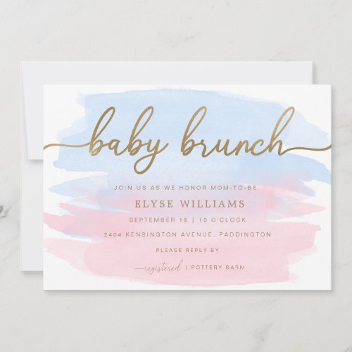 Pink Blue Watercolour Gold Baby Brunch Invitation