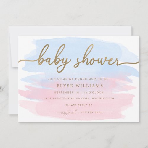 Pink Blue Watercolour Gold Baby Shower Invitation