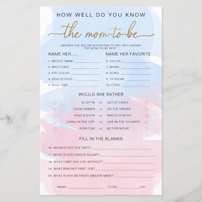 Pink Blue Watercolour Gold Know The Mom-to-be Game (Front)