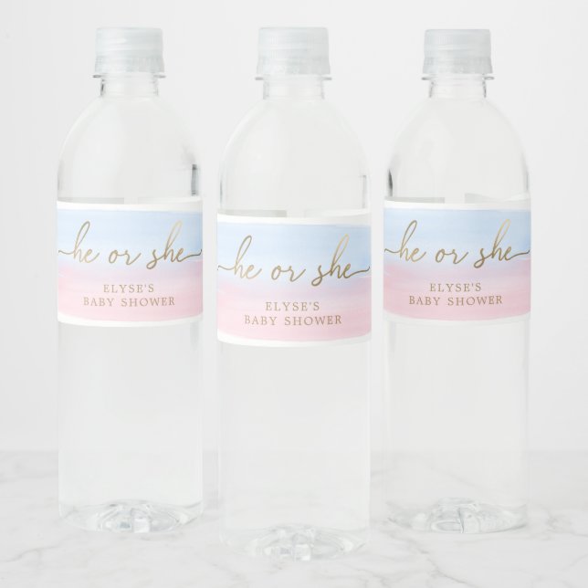 Pink Blue Watercolour Water Bottle Favor Label (Bottles)