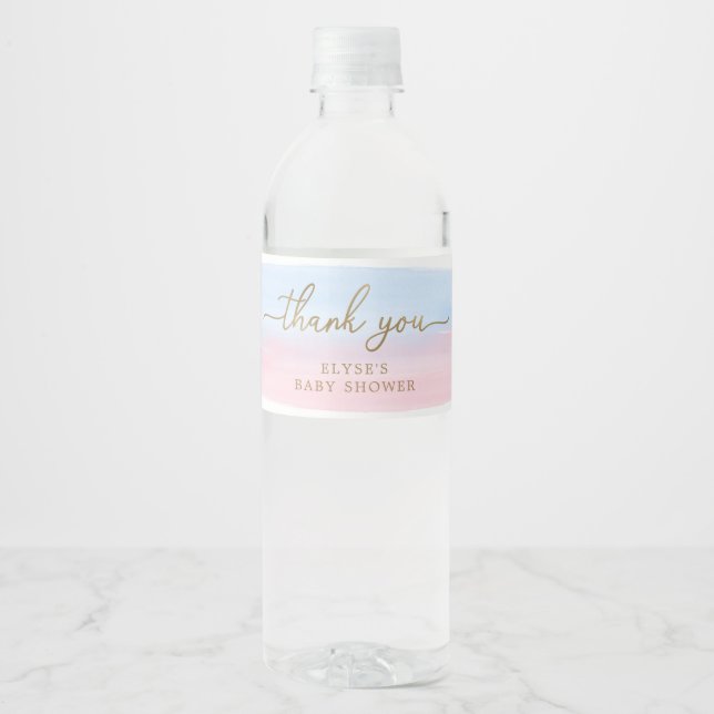 Pink Blue Watercolour Water Bottle Favor Label (Front)