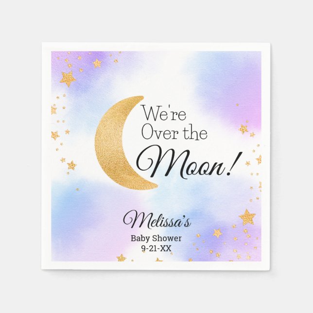 Pink Blue We're Over the Moon Neutral Baby Shower Napkins (Front)