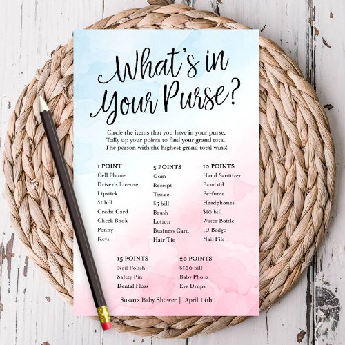 PinkBlue Whats in Your Purse Paper Game Card
