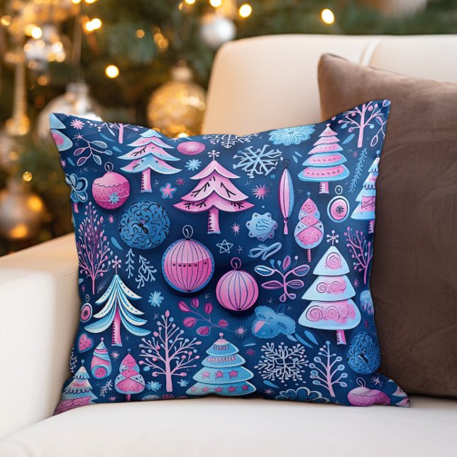 Pink Blue Whimsical Christmas Trees Throw Pillow (Festive blue and pink Christmas decorator pillow)