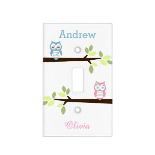 Pink Blue Whimsical Owl Twins Light Switch Cover