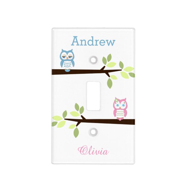 Pink Blue Whimsical Owl Twins Light Switch Cover (Front)