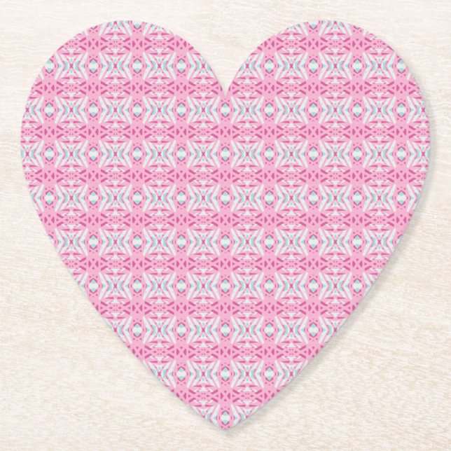 Pink Blue White Art Deco Pattern Valentine Heart Paper Coaster (Front)
