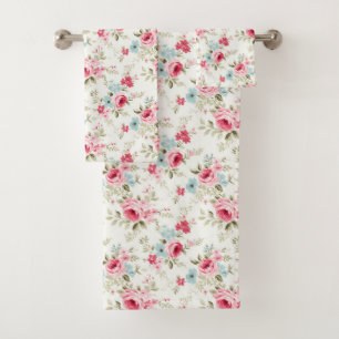 Pink Blue White Floral Flowers Shabby Chic Bath Towel Set