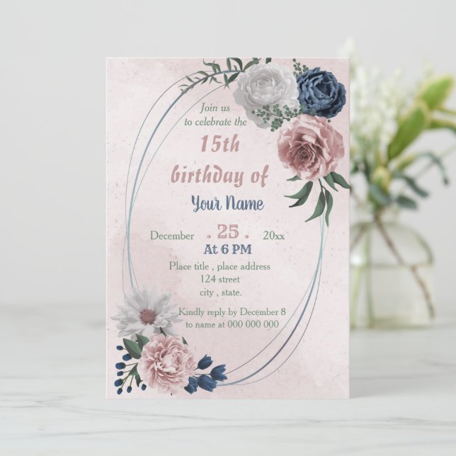  pink blue & white floral geometric birthday party invitation (Standing Front)