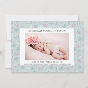 Pink Blue White Floral Girl Photo Birth Announcement