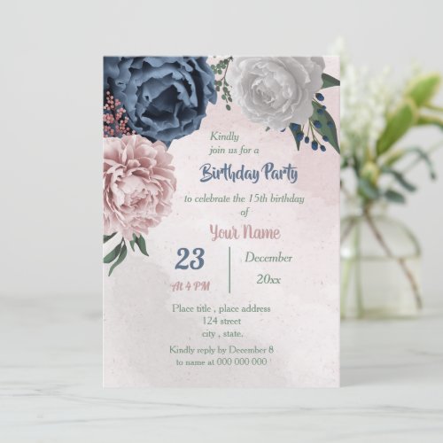  pink blue  white floral greenery birthday party invitation