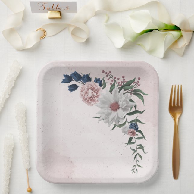  pink blue white floral greenery wedding paper plates (Wedding)