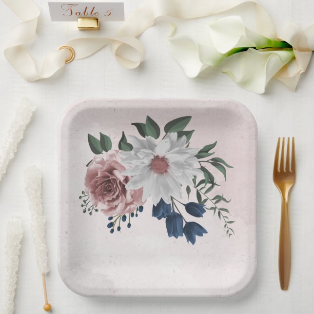  pink blue white floral greenery wedding paper plates (Wedding)