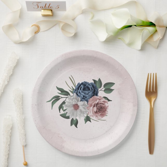  pink blue white floral greenery wedding paper plates (Wedding)