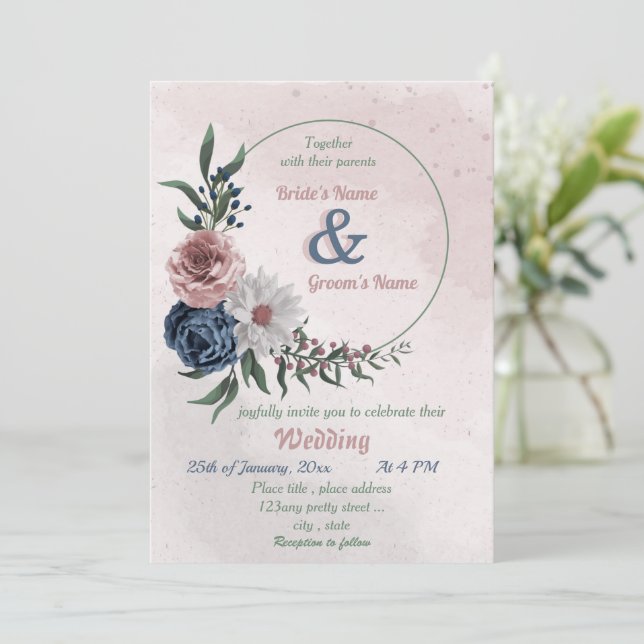  pink blue & white floral greenery wreath wedding invitation (Standing Front)