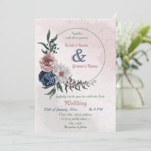  pink blue & white floral greenery wreath wedding invitation